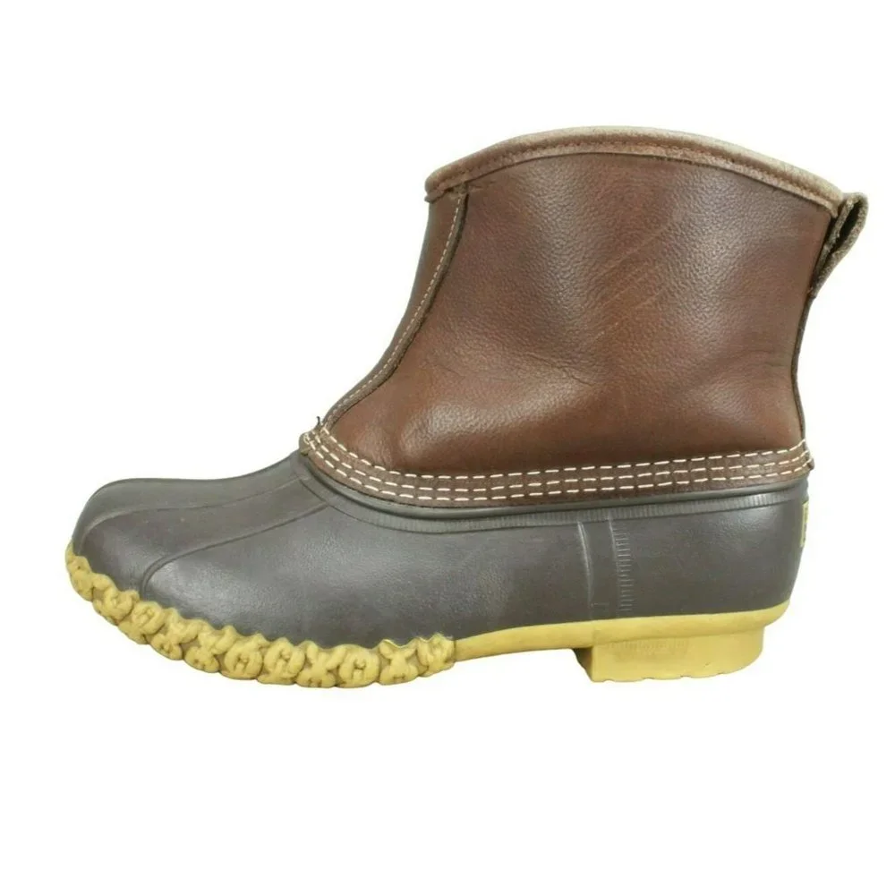 LL Bean Brown Leather Slip On Shearling Lined Ankle Duck Boots Size 8 Wide - Picture 1 of 8